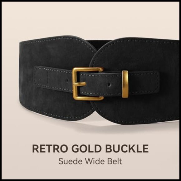 Wide Elastic Suede Belt Vintage Gold Buckle Stretchy Cinch Dress Belt main image 5